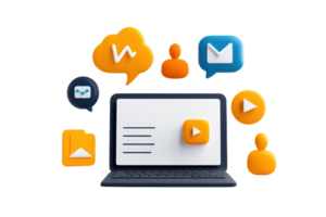 A laptop displaying various communication and multimedia icons, representing digital interaction and content sharing. png