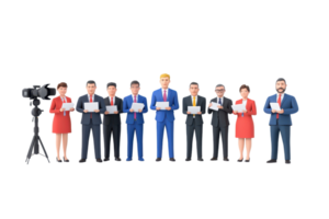 A group of nine individuals holding documents, with one prominently dressed in blue, representing a media or news-related scenario. png