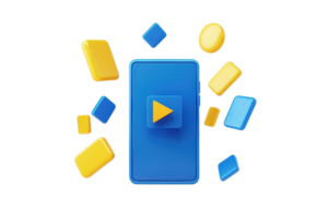 A vibrant smartphone design featuring a play button, surrounded by colorful geometric shapes in various sizes. png