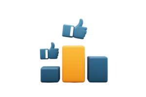 A graphic representation of three thumbs up icons alongside varying bar heights, symbolizing positive feedback and performance metrics. png