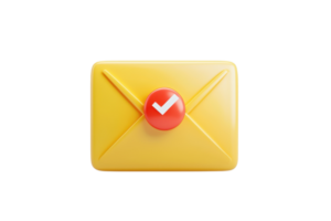 A yellow envelope with a red checkmark button on it. png