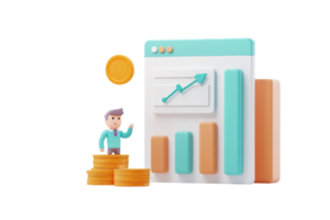 A 3D character stands beside a graph chart, displaying upward trends, with coins representing financial growth. png