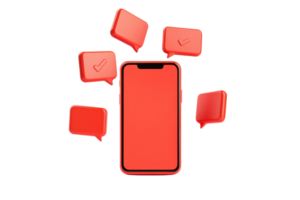 A vibrant red smartphone with floating message bubbles around it, symbolizing communication and connectivity. png