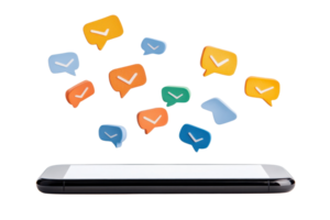 A smartphone displays various colorful message notifications, representing communication and interaction. png