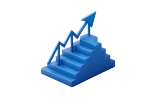 A blue staircase with an upward arrow symbolizes progress, growth, and success in a visually striking manner. png