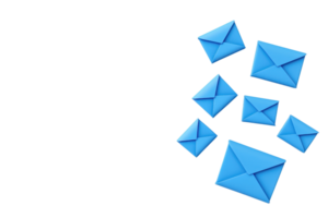 A collection of blue envelopes in various sizes arranged in a dynamic layout. png