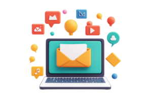 A laptop displaying an email envelope surrounded by various communication icons. png