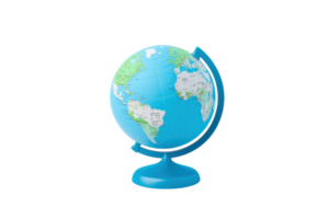 A colorful globe showing continents, oceans, and geographical details, mounted on a blue base. png