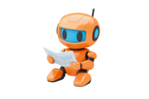 A small orange robot reading a document, featuring a blue visor and a playful design, showcasing its engaging personality. png