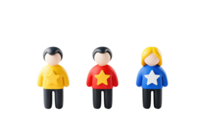 Three colorful figurines in yellow, red, and blue, each with distinct facial features and stars on their chests, representing diverse characters. png