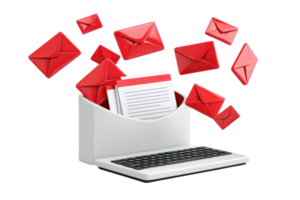 A modern inbox overflowing with vibrant red envelopes, symbolizing incoming messages and communication. png