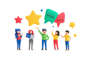 A group of diverse people engaging in conversation with colorful speech bubbles and stars, expressing ideas and emotions. png