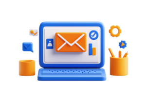 A computer with an email icon and various productivity tools, highlighting communication and organization themes. png