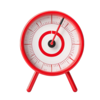 A round, red alarm clock with a white face and black hands, displaying the time prominently. png