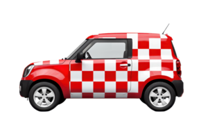 A compact car featuring a bold red and white checkerboard pattern. png