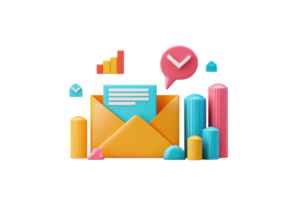 A vibrant envelope with a message inside, accompanied by colorful bars and icons representing communication and analytics. png