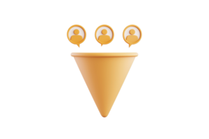 A stylized cone shape with three speech bubbles featuring user icons above it, conveying communication and interaction. png