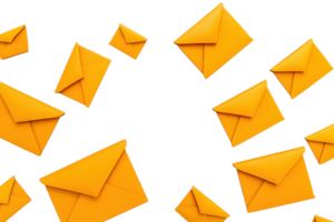 A vibrant composition of floating yellow envelopes against a transparent background, symbolizing communication and message delivery. png