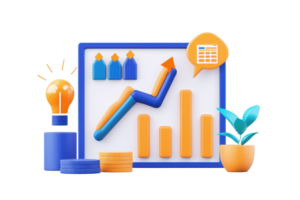 A colorful, 3D graph with rising bars, a light bulb, coins, and a plant, symbolizing growth and innovation in data analysis. png