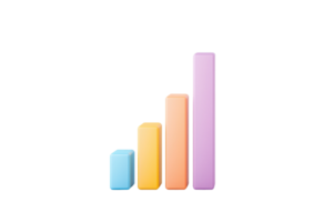 A graphic representation of ascending bars, each increasing in height and colored in blue, orange, and pink hues, symbolizing growth or progress. png