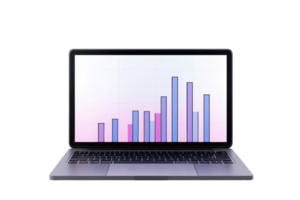 A sleek laptop displaying a colorful bar graph on its screen, illustrating data visualization trends. png