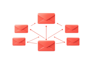 A network of red envelopes illustrating communication and message distribution. png