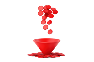 A vibrant red funnel with red discs cascading into it, creating a striking visual effect. png