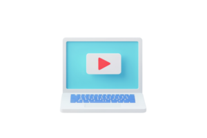 A sleek laptop displaying a play button on a light blue screen, representing online content. png