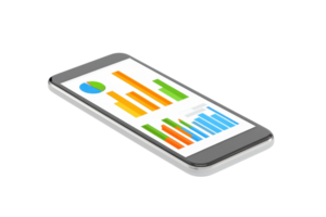 A smartphone displaying colorful bar graphs and a pie chart, illustrating data visualization and analytics. png