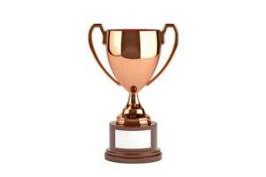 A gleaming bronze trophy with handles, symbolizing achievement and success, featuring a blank plaque for personalization. png