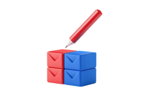 A stack of red and blue cubes with an upward-pointing red pencil above them. png