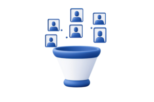A funnel with blue accents and user icons above, symbolizing data collection or user engagement. png