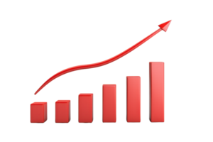 A red bar graph with an upward trend line, representing growth and progress in data visualization. png