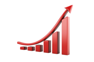 A red upward-trending graph with bars increasing in height, topped by an arrow, symbolizes growth and progress. png