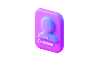 A 3D icon featuring a stylized user silhouette with the text Loyal Customer in a vibrant purple and blue design. png