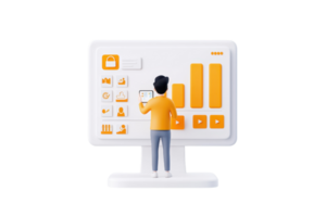 A person interacts with a large computer monitor displaying various data visualizations and controls in a vibrant, modern design. png