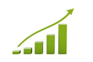 A green bar graph with an upward arrow, symbolizing growth and progress. png