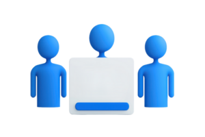 A trio of blue figures with one central figure and a rectangular shape, symbolizing teamwork or collaboration. png