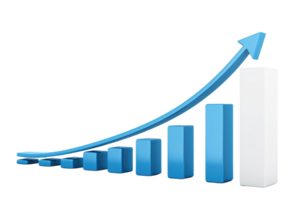 A blue bar graph displays rising values, indicating growth or progress, with an arrow pointing upward to symbolize increasing trends. png
