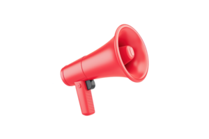 A bright red megaphone designed for amplifying sound, commonly used in events, rallies, and public speaking. png