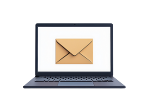 A laptop displays a closed envelope icon, symbolizing digital communication and messaging. png