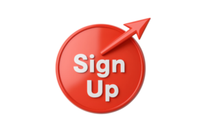 A vibrant red button featuring the text Sign Up with an upward arrow, indicating a call to action for user registration. png