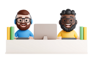 Two animated figures with distinct hairstyles and glasses are joyfully sitting at a desk with a computer, engaged in a gaming or tech environment. png