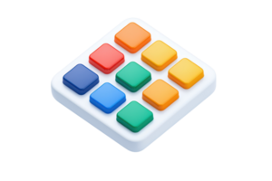 A colorful square button panel featuring nine buttons arranged in a grid, showcasing vibrant hues of blue, green, red, yellow, and orange. png