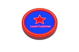 A circular badge featuring a blue background, a red star, and the text Loyal Customer displayed prominently. png