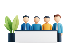 Four cartoon figures stand behind a white counter, accompanied by a green plant in a pot, creating a welcoming representation of a team or service desk. png