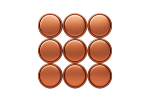 A grid of nine circular copper coins arranged in three rows and three columns. png