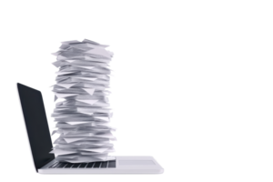 A stack of disorganized papers rising from a laptop, symbolizing clutter and overwhelming paperwork. png