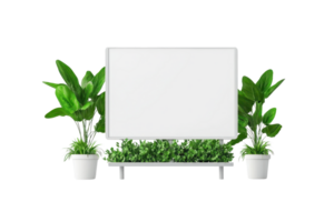 A modern, blank white board surrounded by lush green plants in decorative pots, creating a fresh and vibrant display. png