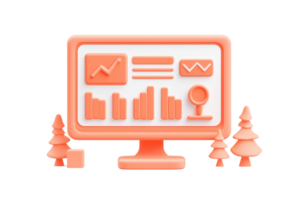 A stylized computer monitor displaying various graphs and data visualizations, surrounded by stylized trees. png